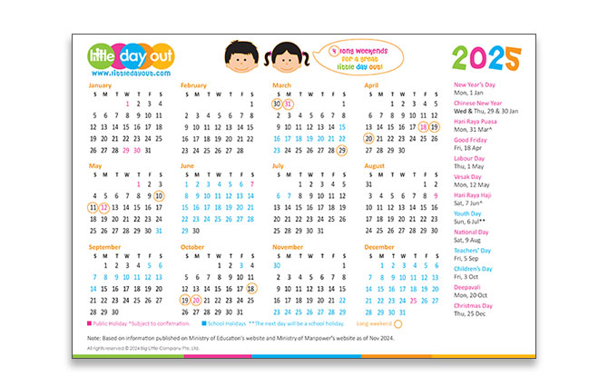 Little Day Out's 2025 Calendar & Singapore Public Holidays & MOE School Holidays 2025