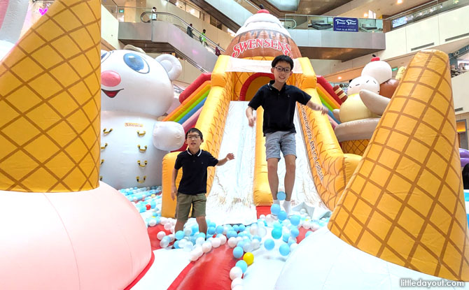 climb up the tall ice cream tower and make a split down the slide to the ball pit