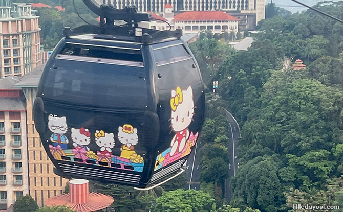 Birthday-themed Hello Kitty cable car cabins along the Mount Faber Line from Mount Faber Peak to Sentosa