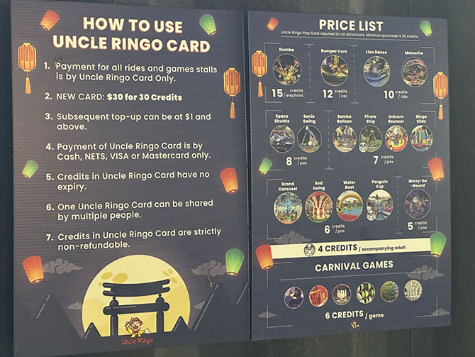 Pricing for the various rides