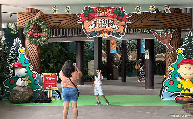 Photo opps at the welcome arch with Snoopy at Singapore Zoo