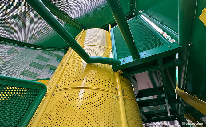 Inside the leaf play structure at the Mantis Playground